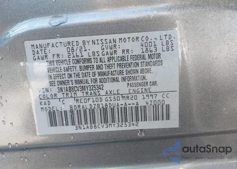 2021 Nissan Sentra Sv Xtronic Cvt z USA, uszkodzony, nr VIN 3N1AB8CV3MY325342